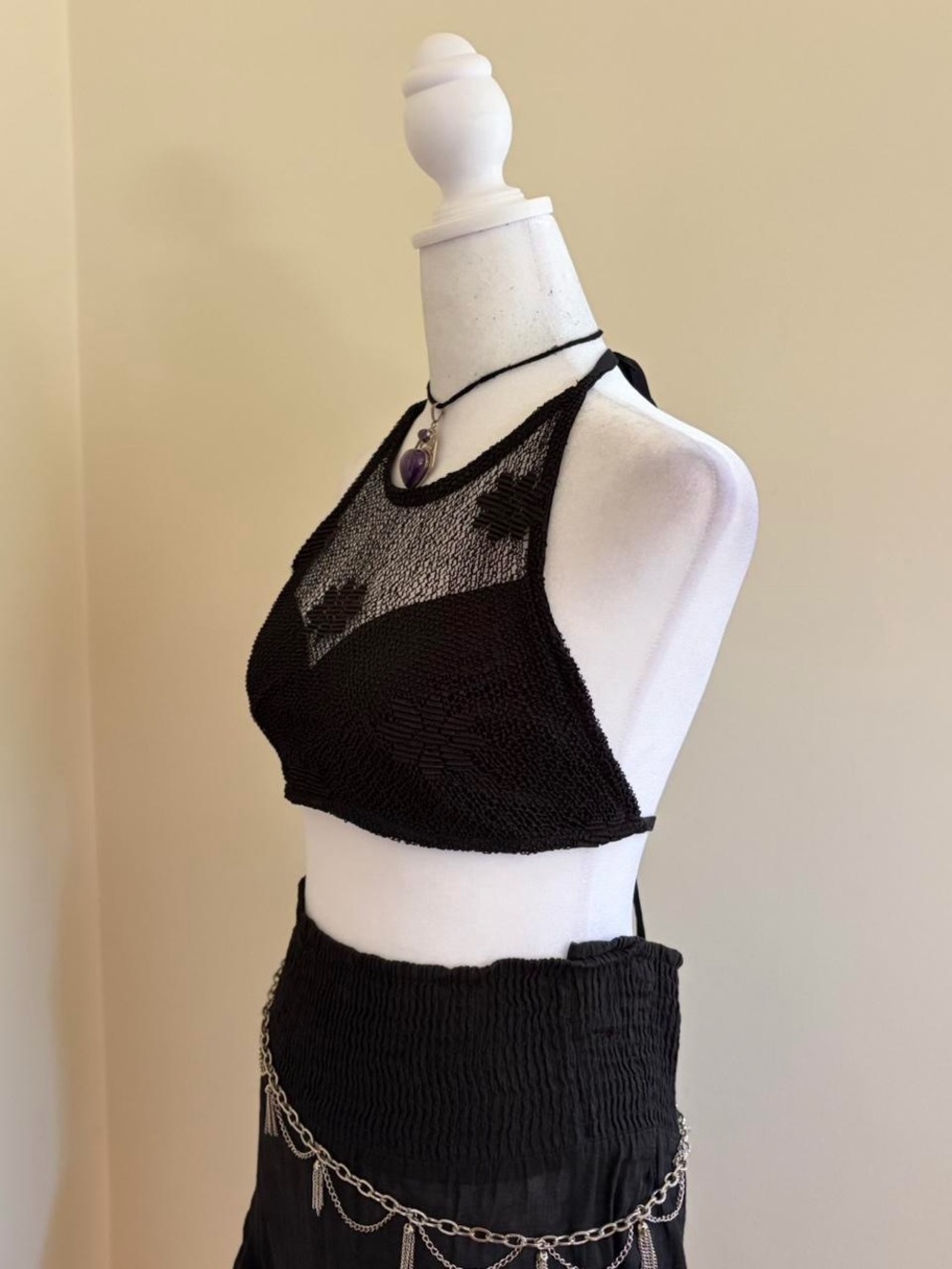 Vintage 90s floral mesh halter top black sheer knit fishnet goth hippie boho S-M - Picture 4 of 11